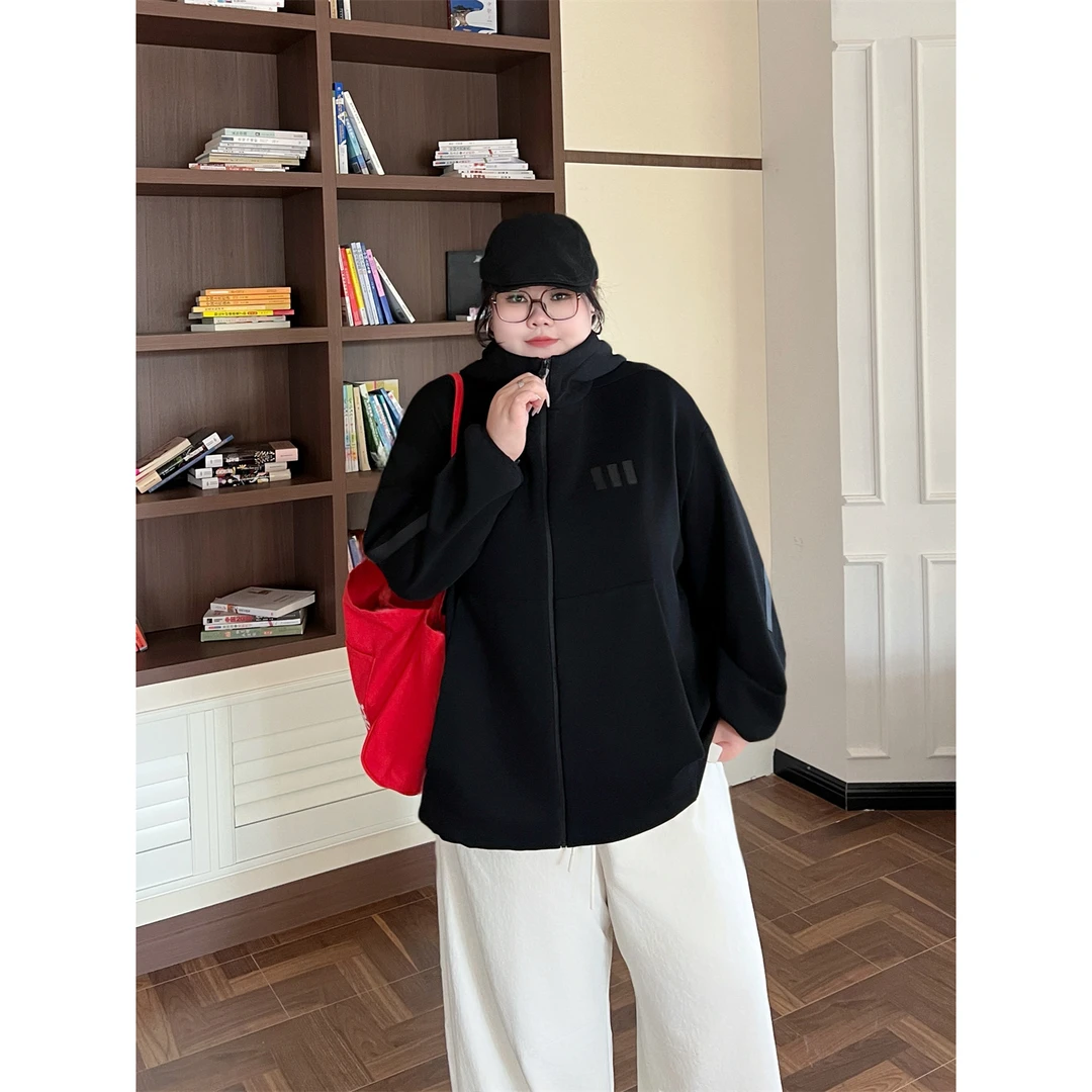 大码女装秋季百搭花契200斤胖mm设计感空气层连帽运动夹克15669-X