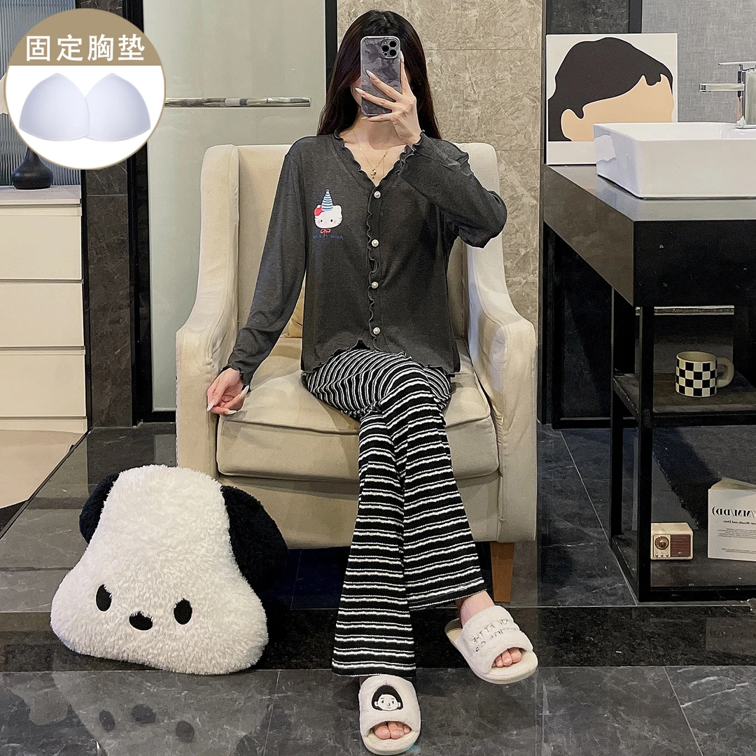 莫代尔棉睡衣女新款秋冬季带胸垫可爱猫咪长袖条纹长裤家居服套装