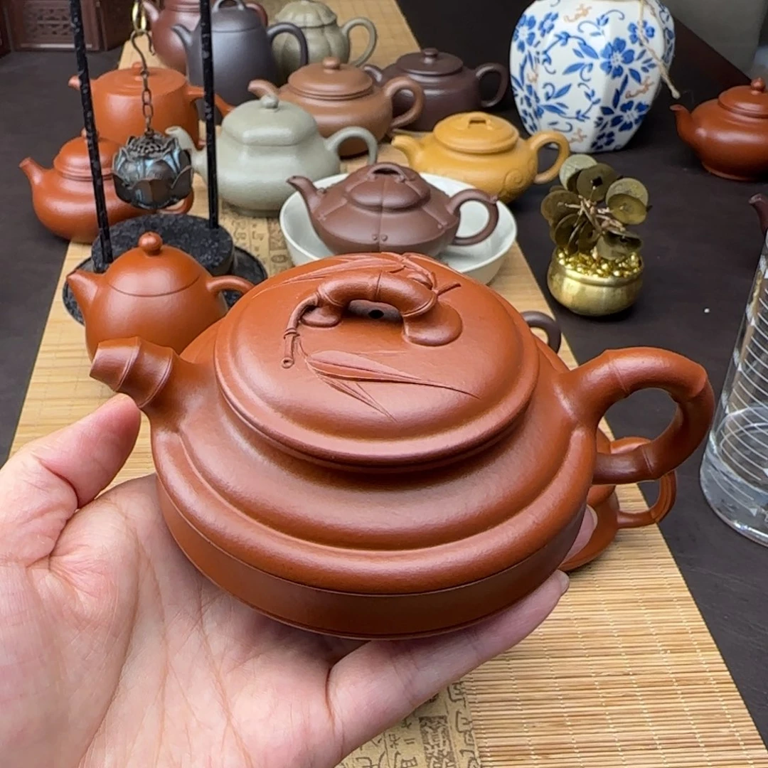 泰***宝茶壶紫砂朱泥双线竹鼓