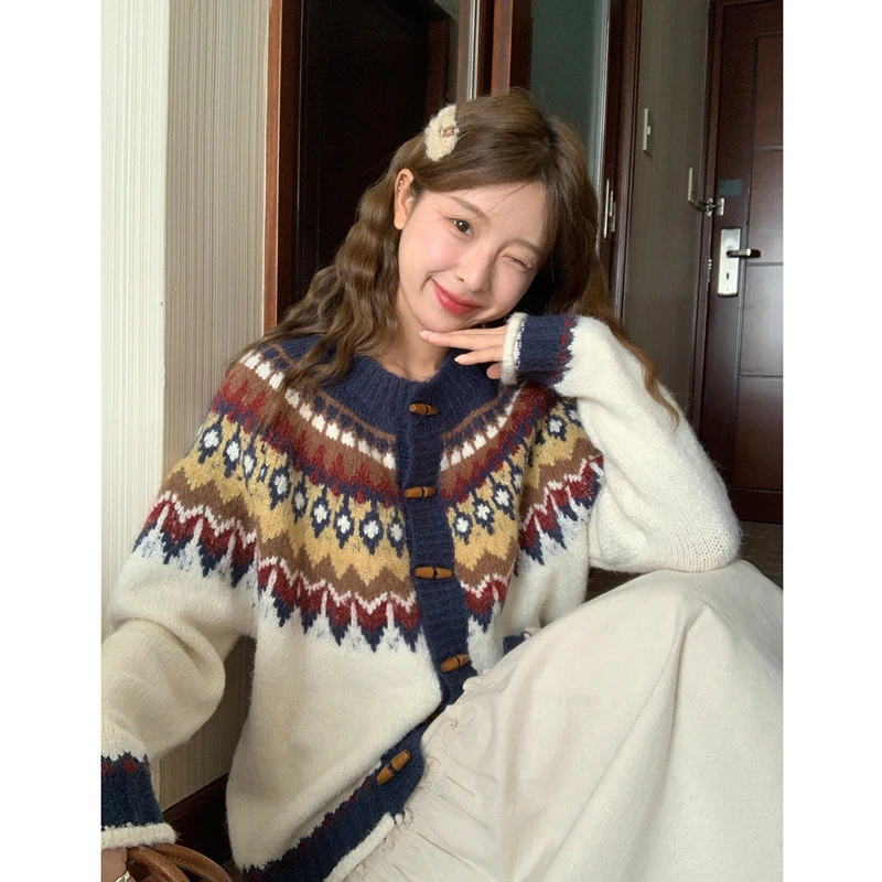 复古慵懒风费尔岛毛衣外套女秋冬新款高级感宽松长袖针织开衫女装