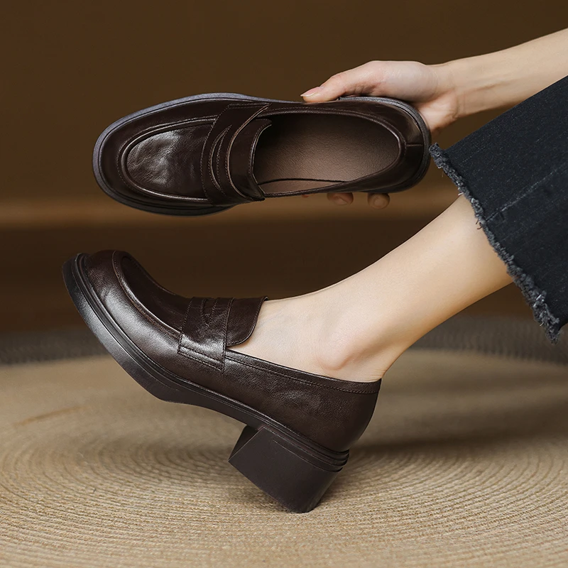 5cm超静音~2025新款真皮单鞋女粗跟小皮鞋英伦风厚底乐福鞋子女款