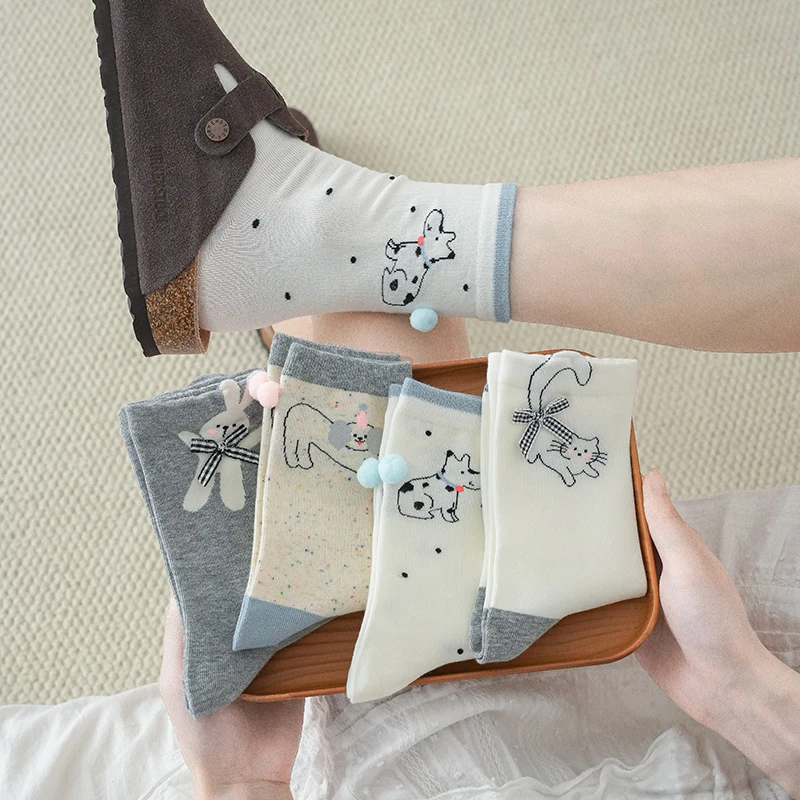 袜子女白色中筒棉袜日系可爱猫咪卡通蝴蝶结猫咪少女风薄款堆堆袜