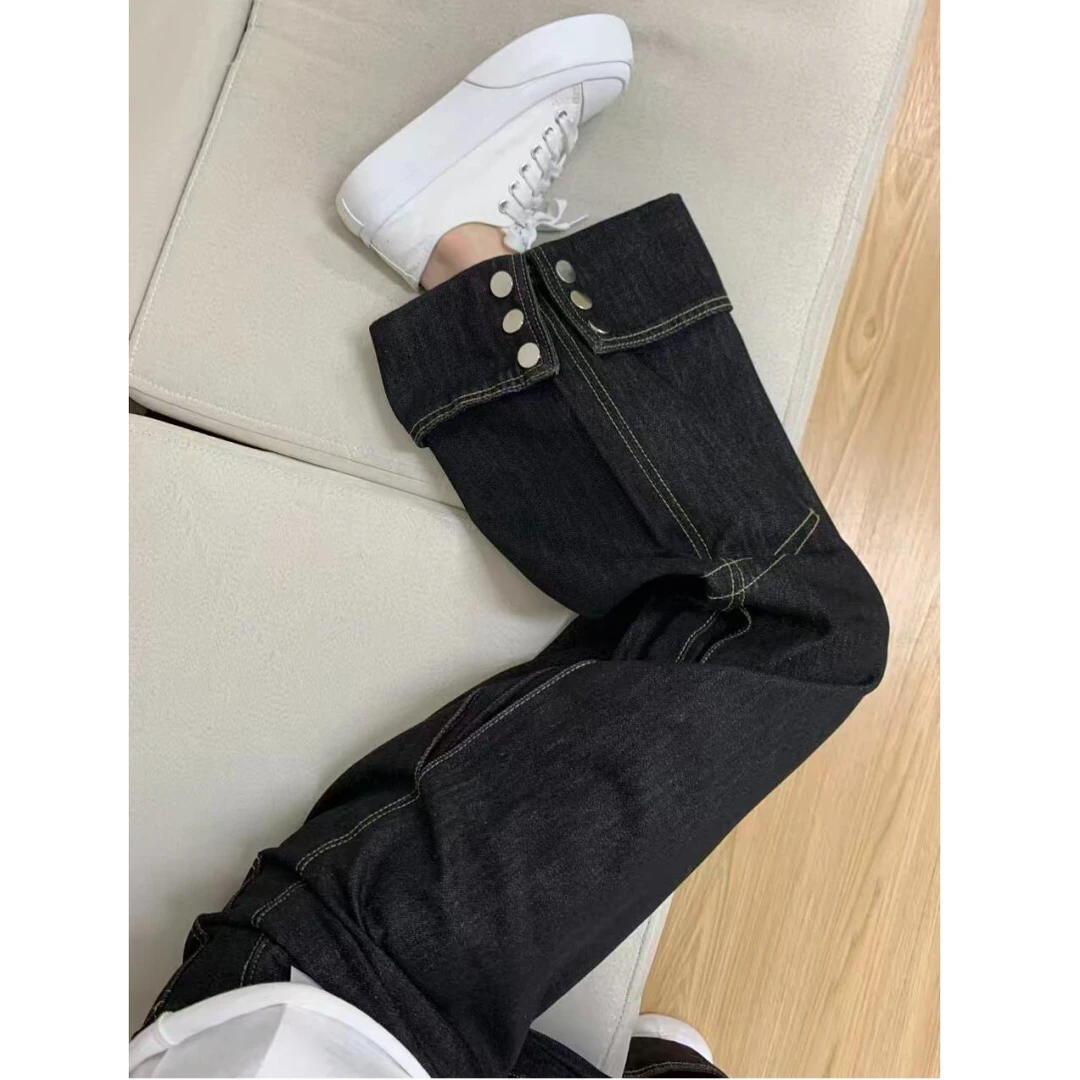 黑色重工翻边腿扣美式复古宽松高腰牛仔裤女重工翻边设计阔腿长裤