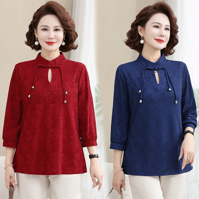 春装新款小衫女T恤国风洋气中年妈妈薄款时尚休闲洋气打底衫上衣