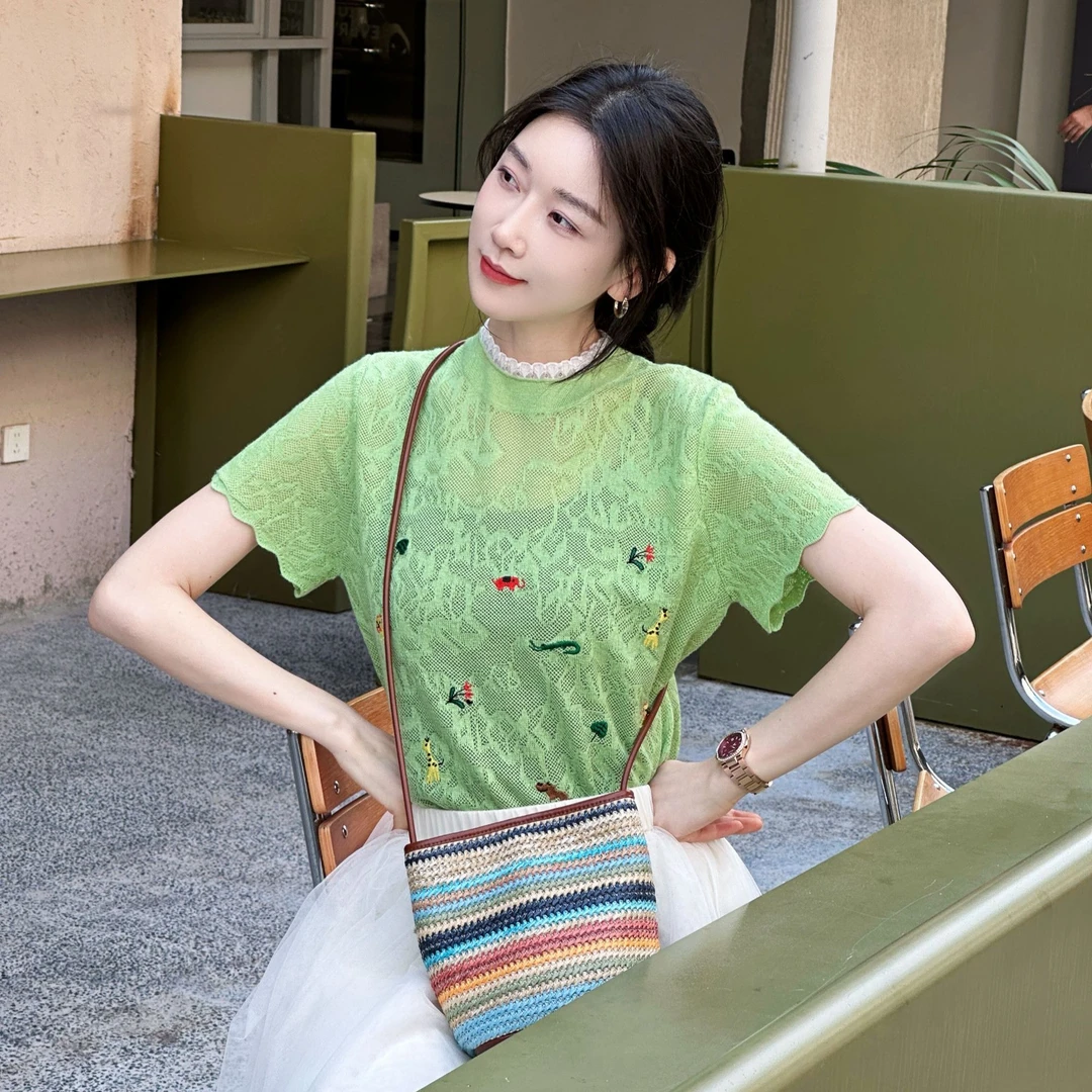 OUDOCKEE 鸥鸥【桑蚕丝】动物园 绿色短袖针织衫设计 H2502Y395T