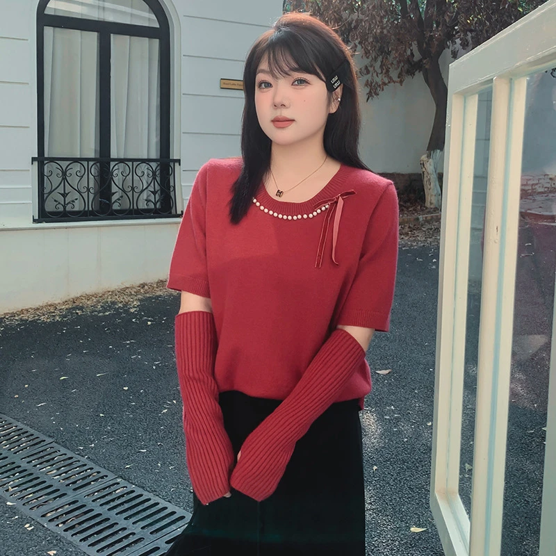 大码女装圆领设计感钉珠上衣2024冬款胖mm短袖毛衣女针织衫22681