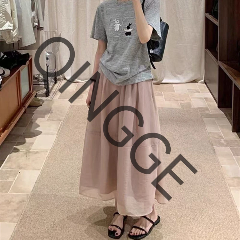 6329#春夏新款松紧腰黑色半裙a字网纱中长款气质半身裙