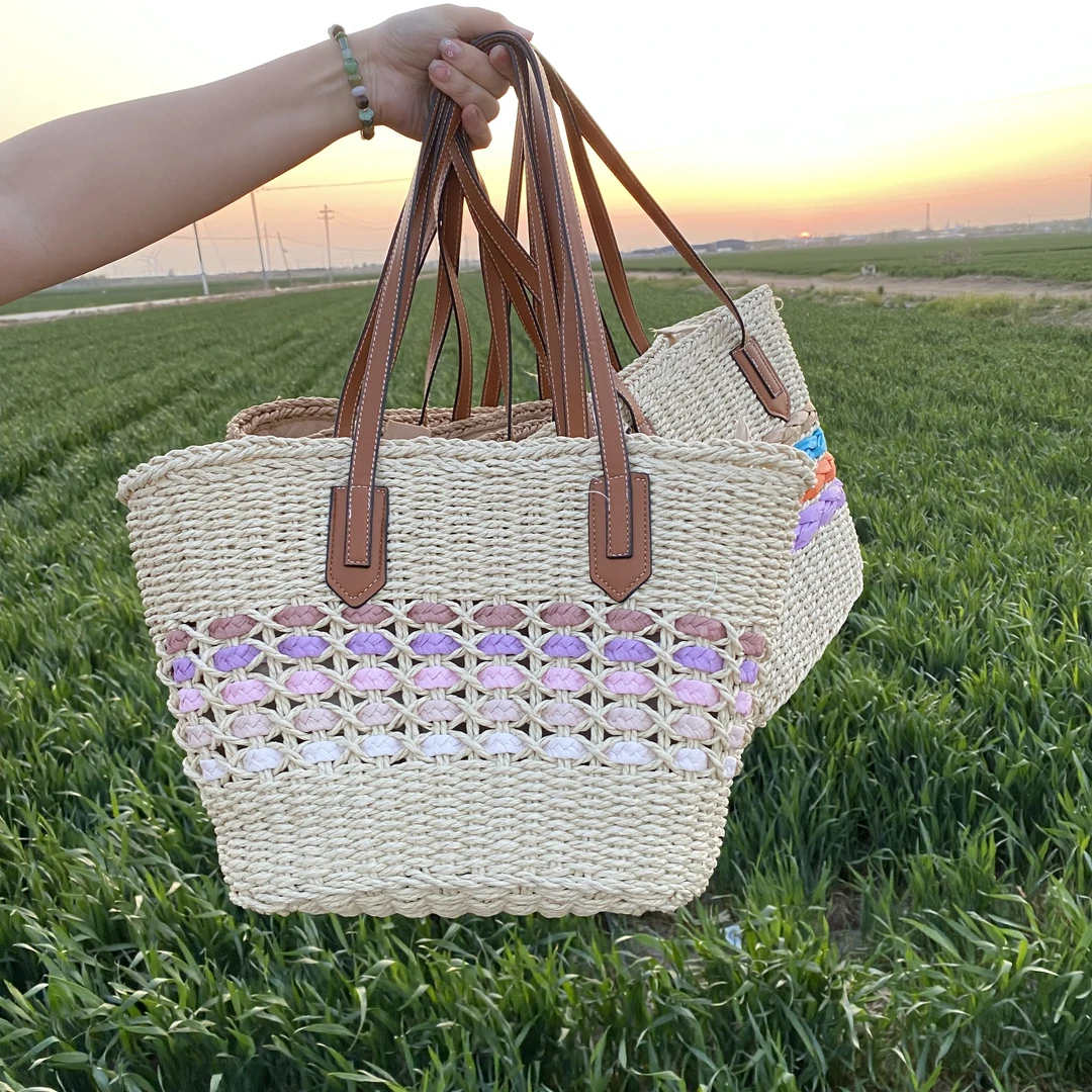 大容量草编包手工编织2025新款条纹草编包海边度假沙滩托特包拉链