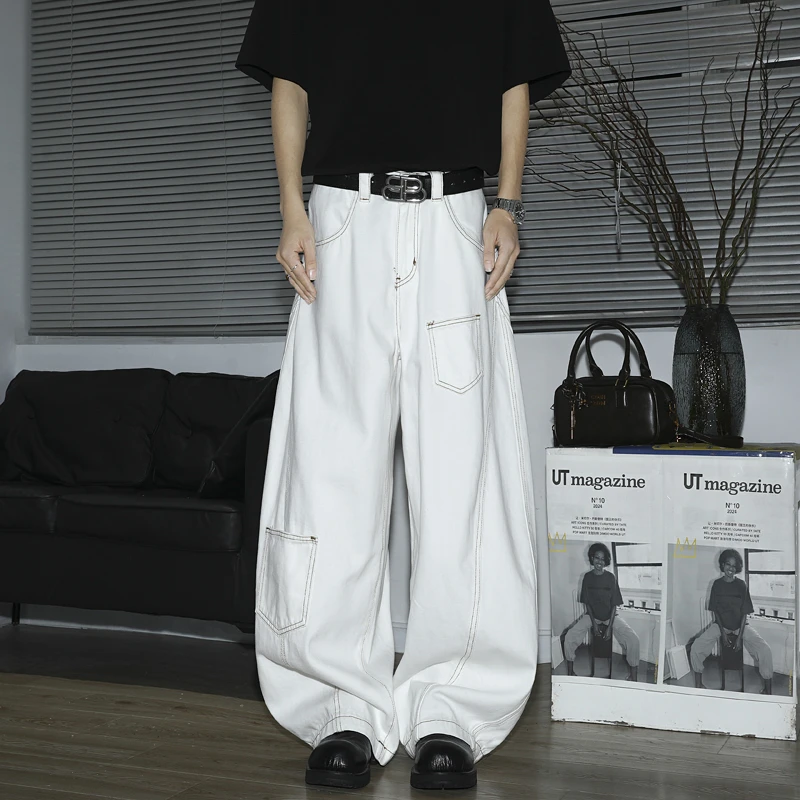 美式复古明线解构白色弯刀牛仔裤男女2025新款宽松阔腿镰刀男夏裤