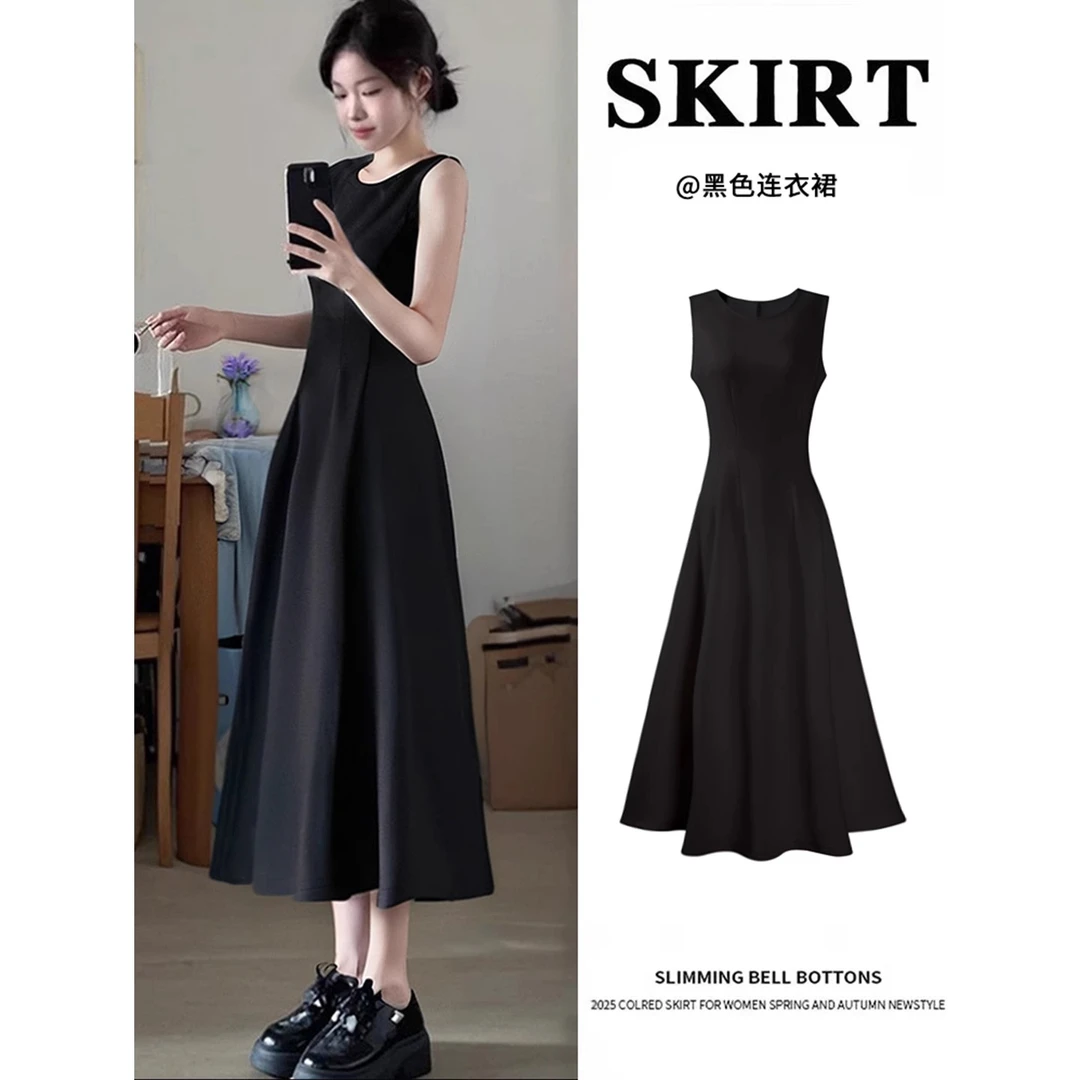 黑色无袖连衣裙女夏季2025新款夏日绝美长款小黑裙子a字掐腰长裙