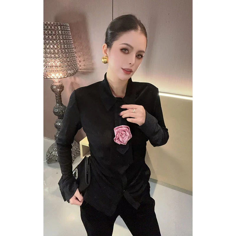 （配胸花）翻领烫钻拼接花朵领带长袖衬衫CS31046