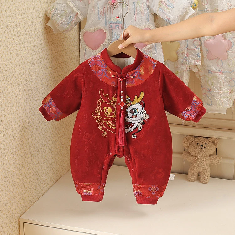 满月周岁婴儿国风冬季加绒男女拜年百天宝宝连体衣冬装礼服新中式