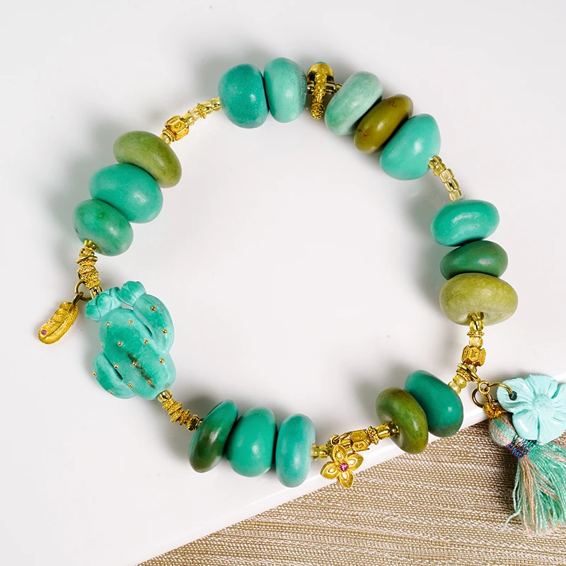 【品众绿松石】欧若风时尚潮流百搭18K金搭配精品仙人掌藏扣手串