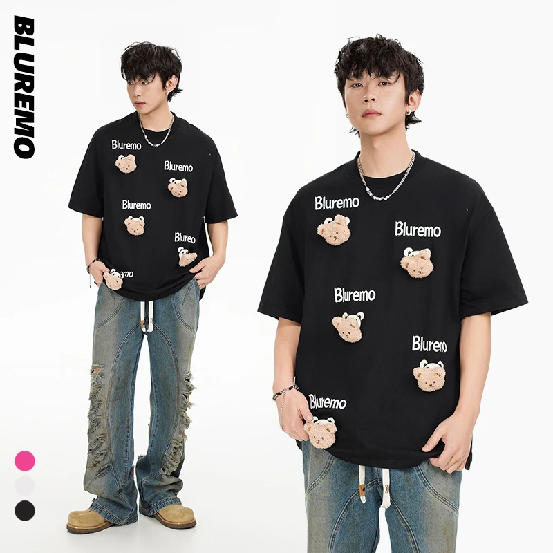 夏季新品小众设计萌趣小熊印花挂饰短袖T恤男女