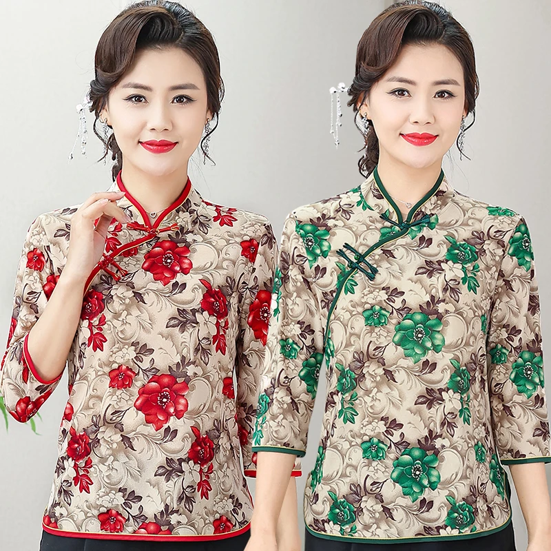 国风改良旗袍领小衫显瘦遮肚妈妈装洋气质七分袖上衣中老年女装夏