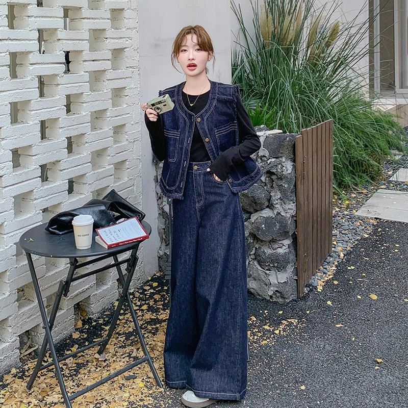 复古磨毛牛仔马甲阔腿裤套装女2025年春秋新款休闲时尚减龄三件套