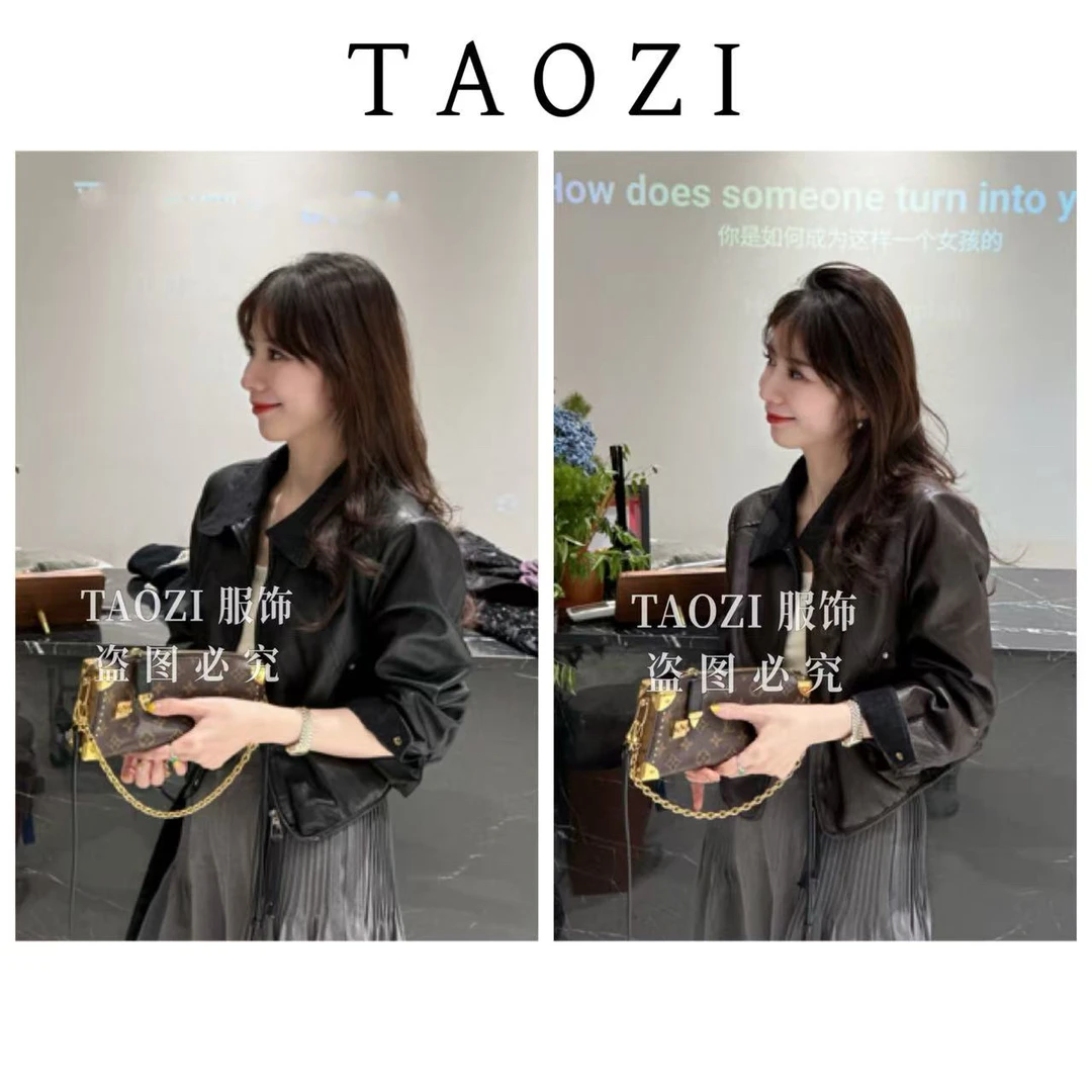 桃子自制 09991【复古皮衣】秋季新款翻领撞色皮衣外套