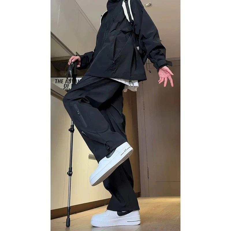 休闲裤美式降落伞兵黑色工装裤男女运动冲锋裤宽松松紧腰直筒裤子