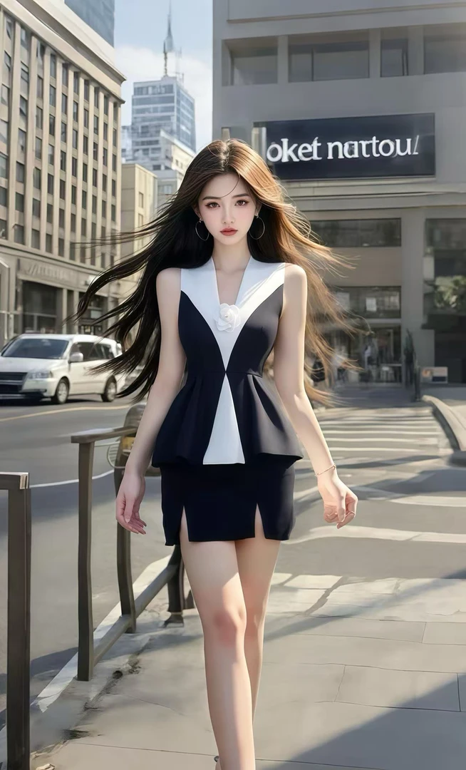 小众设计感新款辣妹连衣裙黑白拼接氛围感夏季显瘦收腰小清新法式