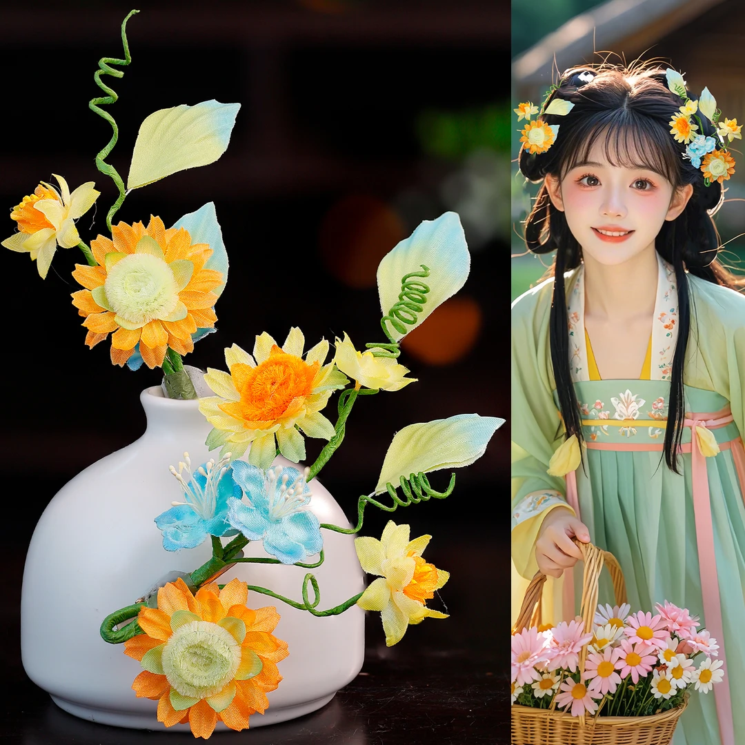 古风绢花向日葵发夹唐风发饰橘色花朵簪子侧边夹新中式汉服头饰