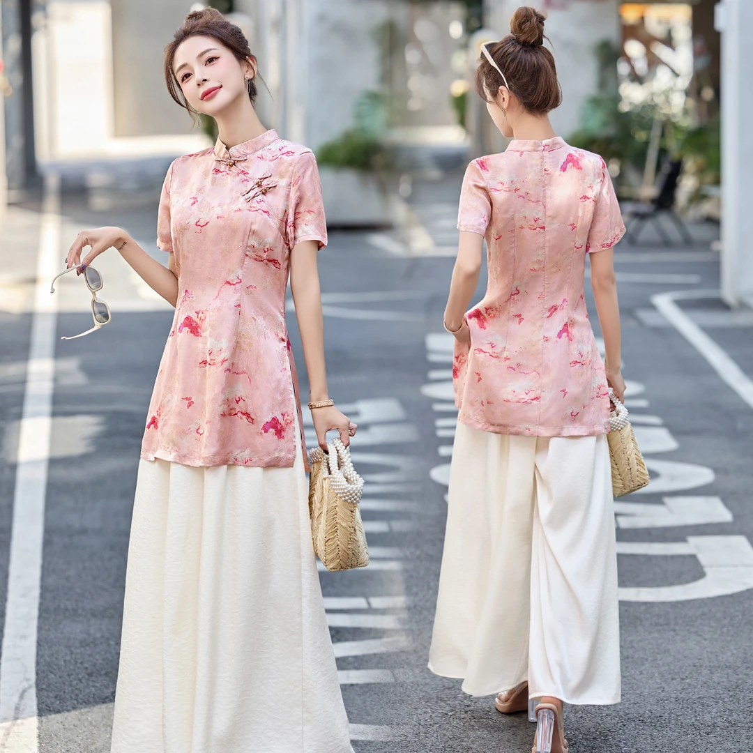 新中式国风两件套装女夏季新款气质显瘦盘扣印花旗袍穿搭阔腿裤子
