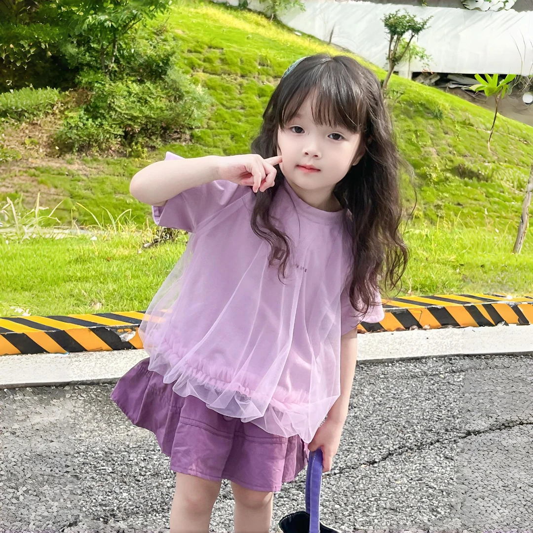 韩版女童套装25夏家洋气中小童超仙雪纺T恤儿童纯色半身裙两件套