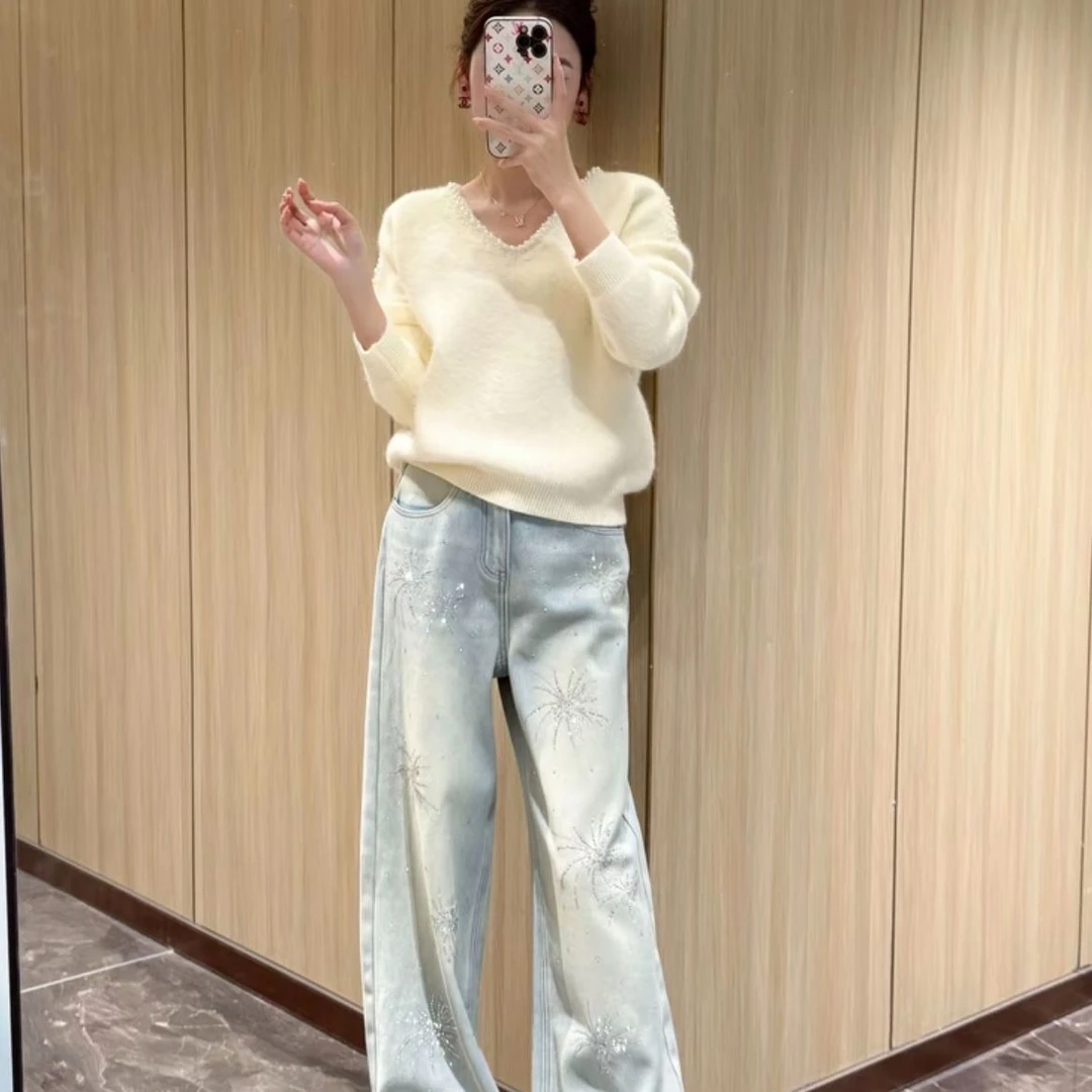 七七 缘故烫钻加绒加厚高腰阔腿牛仔裤女款保暖显瘦