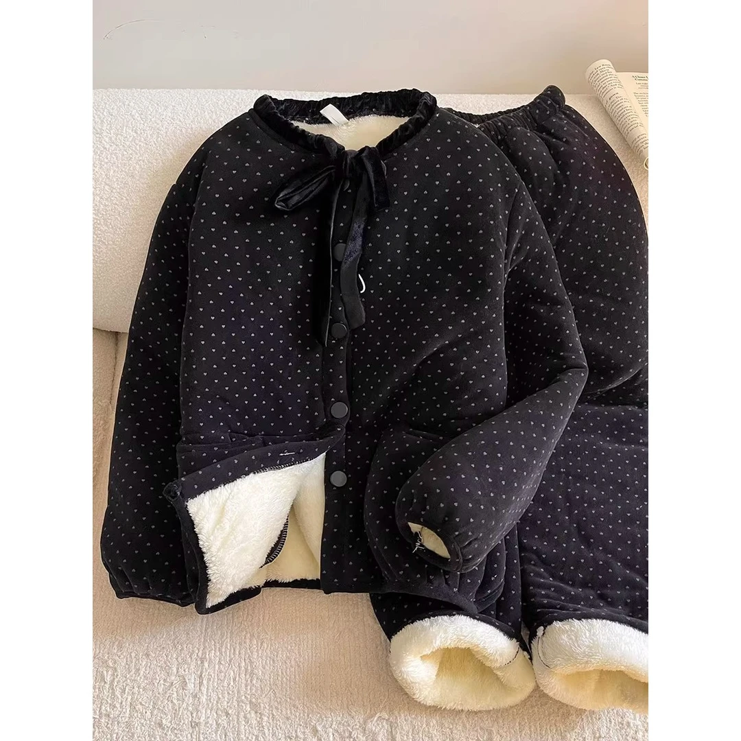 甜美少女爱心印花三层夹棉睡衣女冬季加厚保暖家居服两件套可外穿