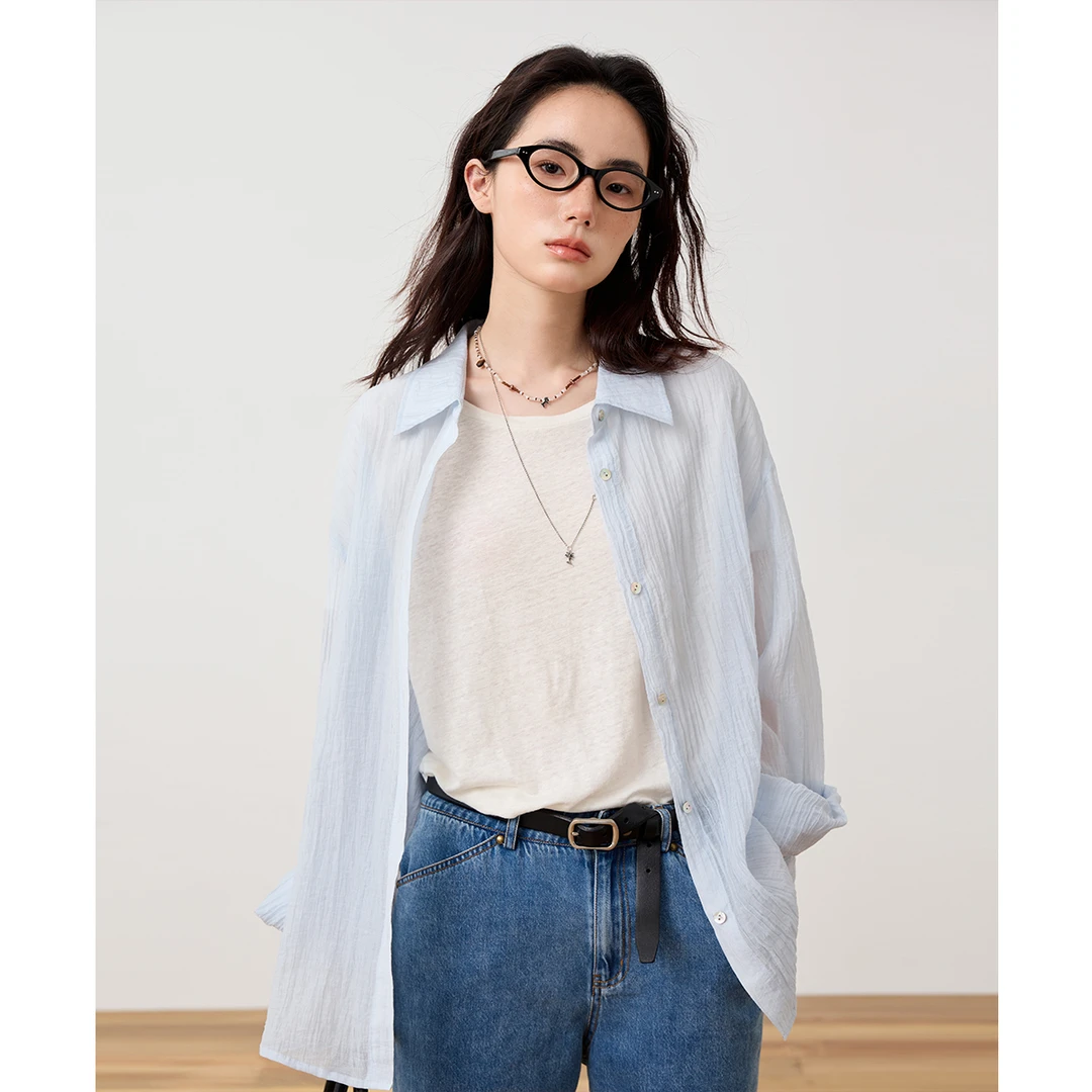 章鱼家【慵懒风】蓝色防晒衬衫女夏薄款外搭休闲长袖衬衣octopusme