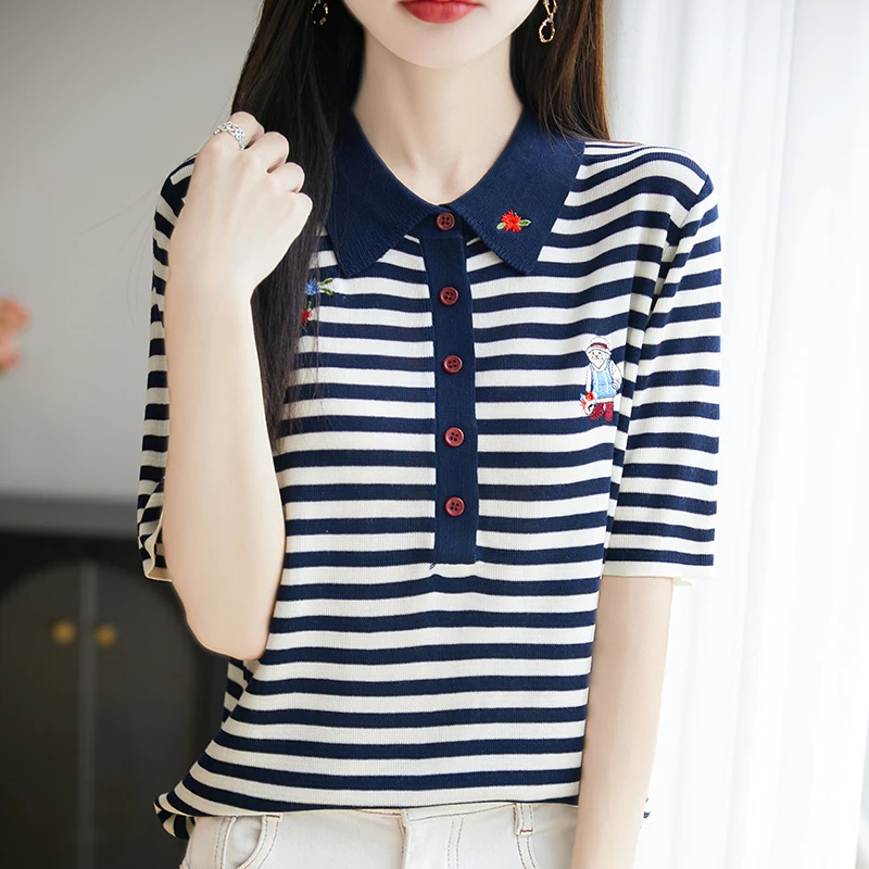 哥弟阿玛施正品夏季百搭刺绣翻领针织衫T恤时尚休闲宽松显瘦上衣