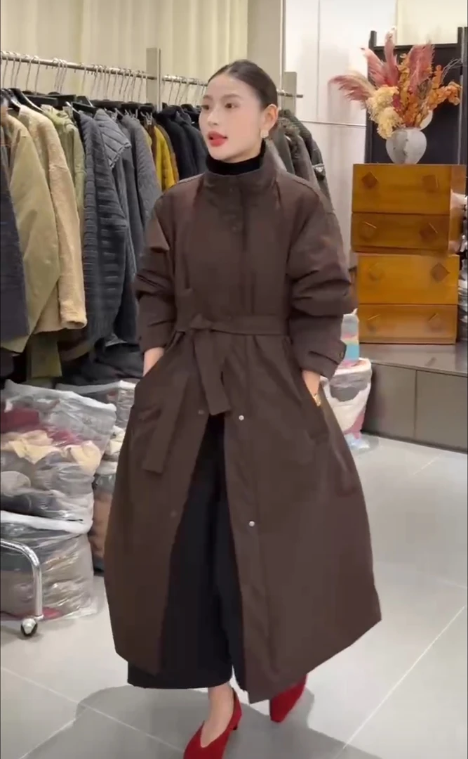 9765韩版气质立领系带羽绒服女长款冬季新款过膝白鸭绒宽松外套潮