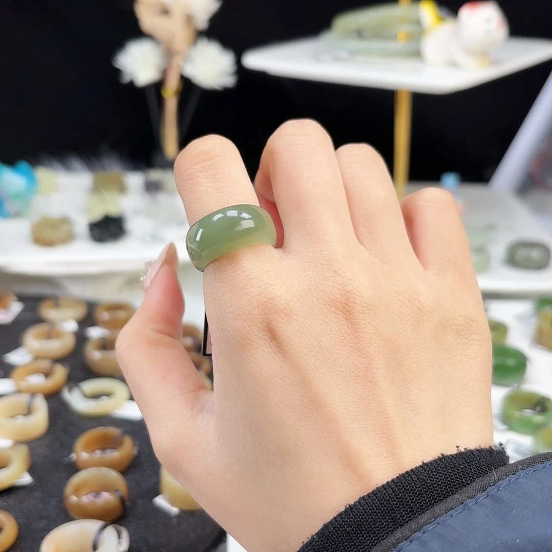 和田玉未镶嵌戒指P76冰透绿馒头17.2不退换