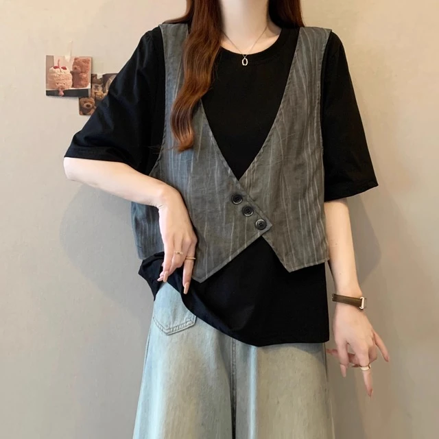 黑色假两件拼接马甲短袖T恤女2025夏季大码胖mm显瘦半袖欧货上衣