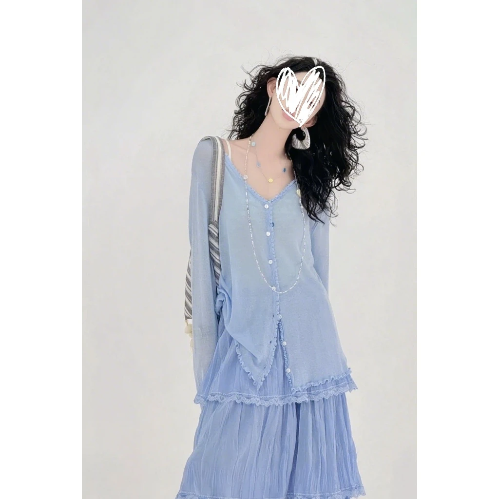 【纯色童话】2025年小众休闲通勤木耳边V领开衫夏季防晒纯色上衣女