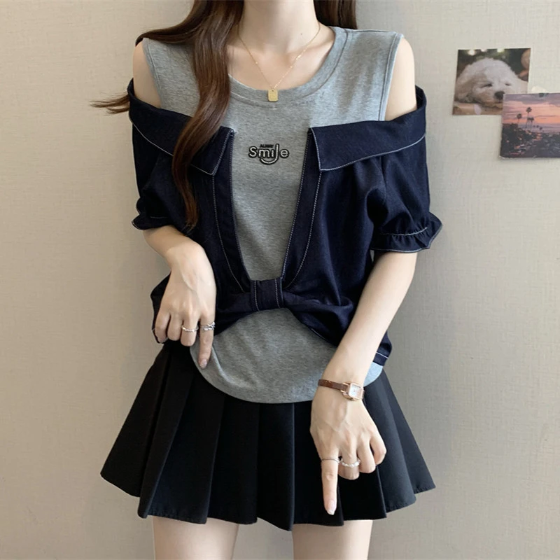 大码女装遮肚子设计感露肩打底衫女夏季胖妹妹显瘦不规则短袖上衣