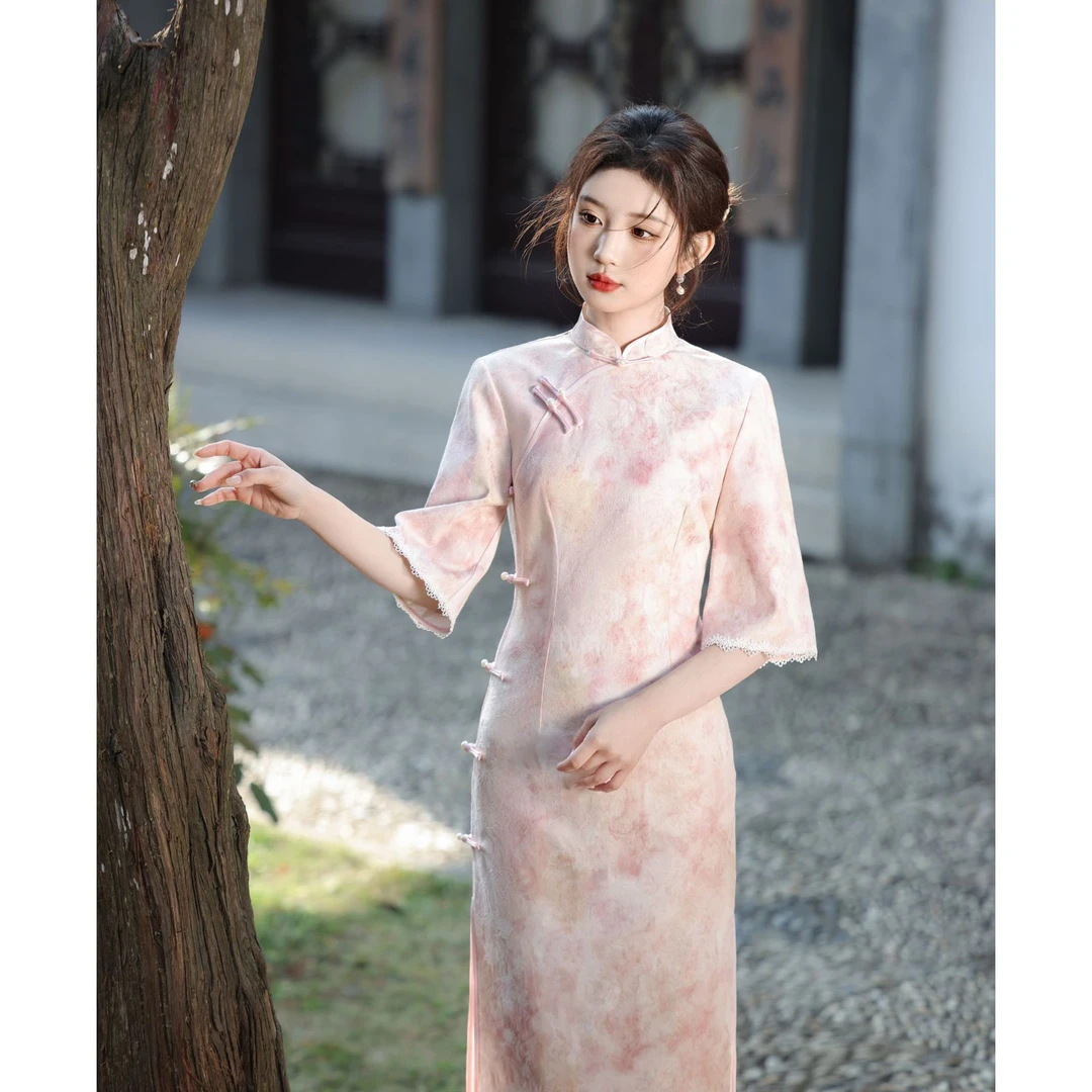 粉色旗袍文艺淑女风2025春夏新款送考气质年轻款少女倒大袖连衣裙