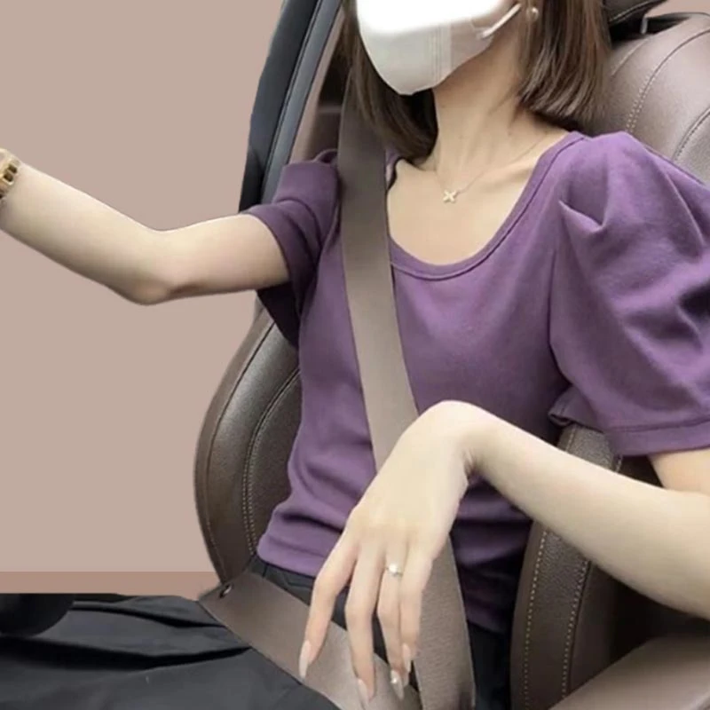 小众炸街高级感女装紫色短袖女款爆款2025新款夏季泡泡袖t恤衫潮