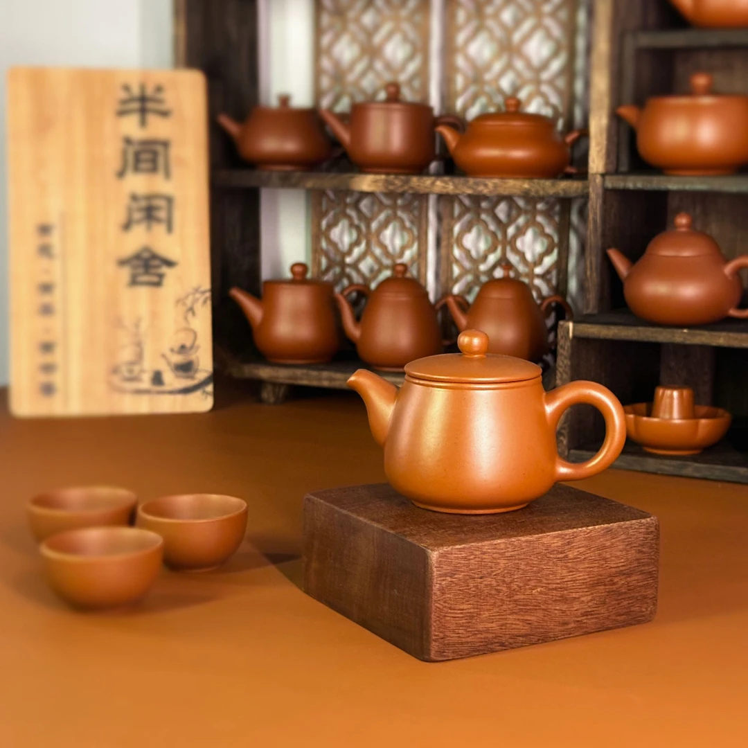 潮州手拉壶朱泥壶纯手工直筒壶150cc赠送三个朱泥杯子