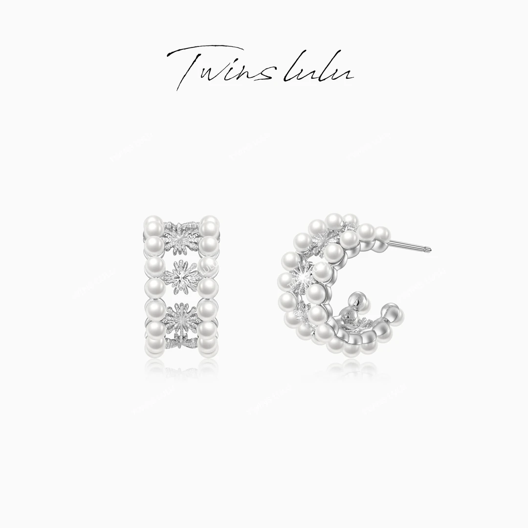 TWINS LULU镀K金秋上新简约C形雪花珠珠耳环送女友送老婆TSL2084