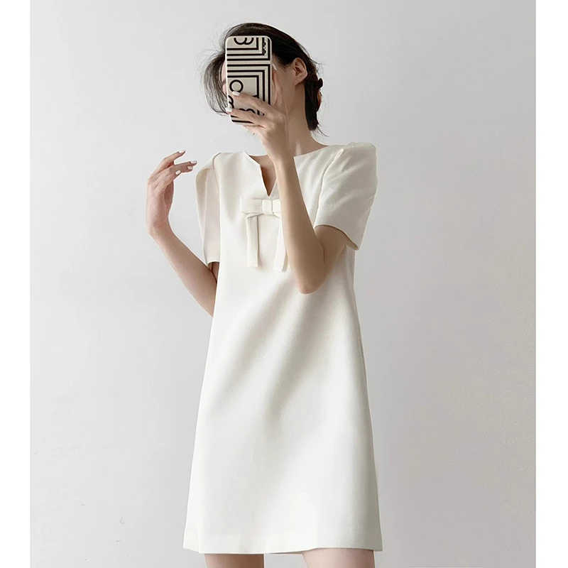 【有里布】法式短袖连衣裙夏季设计感小众高级感蝴蝶结A字裙D1388