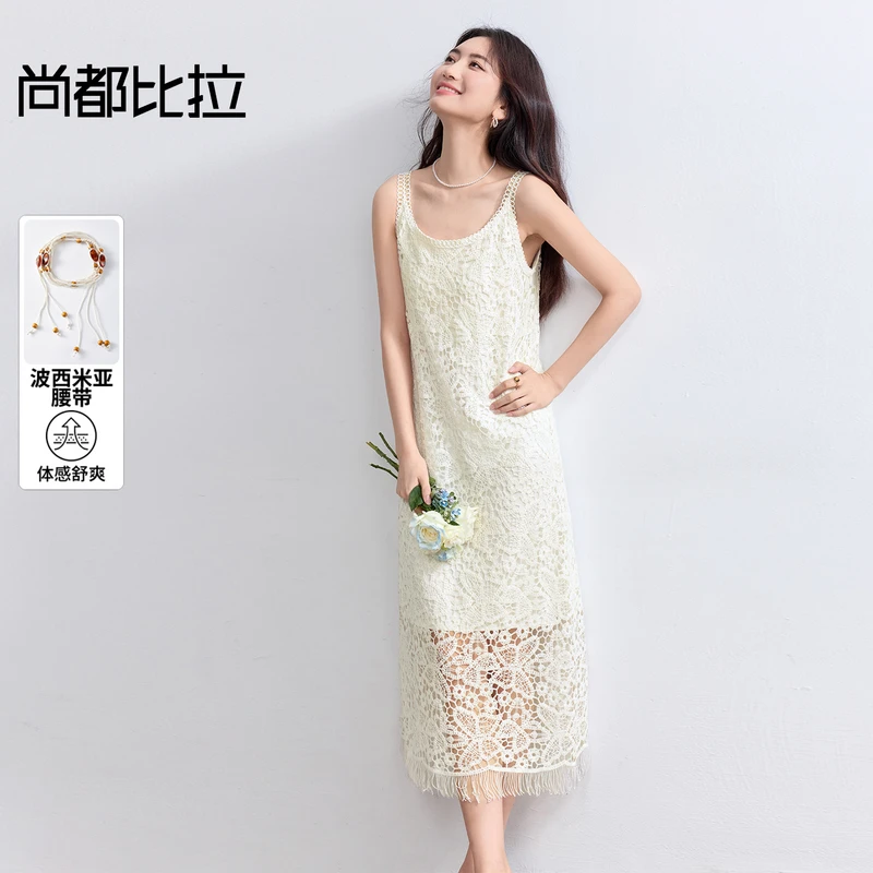 尚都比拉波西米亚串珠通勤花边圆领流苏水溶蕾丝吊带连衣裙D0165