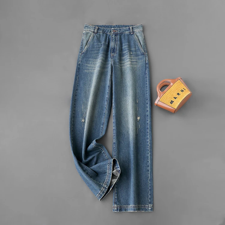 时髦破洞 显瘦显腿直纯棉宽松直筒牛仔裤长裤女