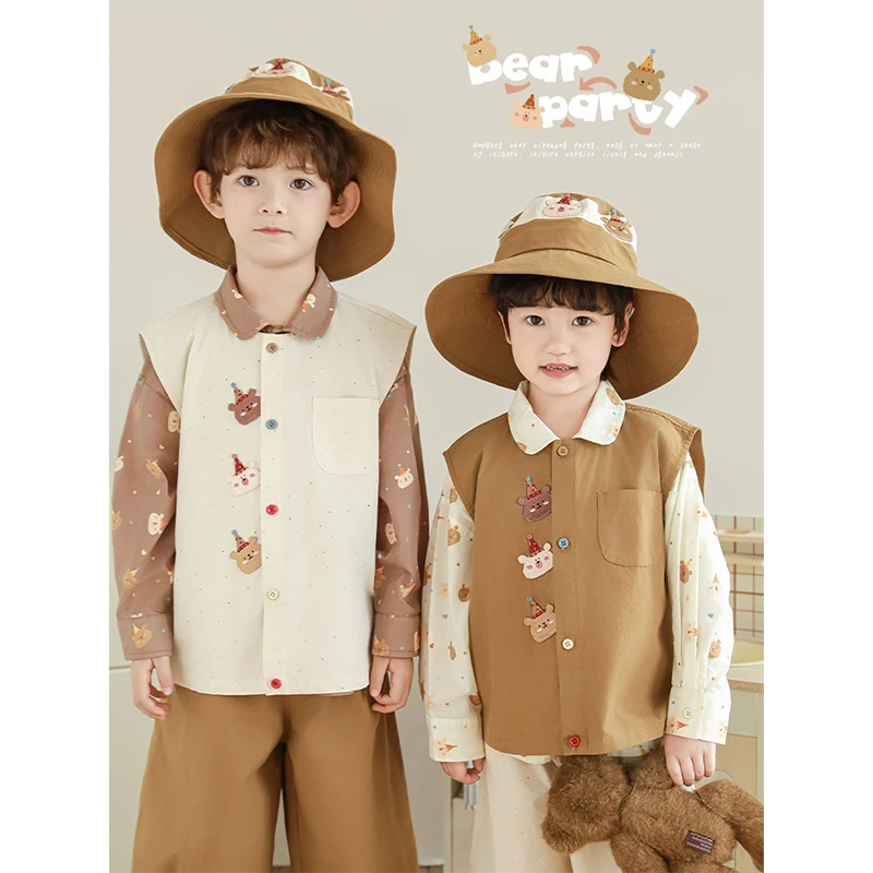 YOEHYAUL/幼悠【顽皮小熊】春三波儿童小熊复古休闲马甲 N5968