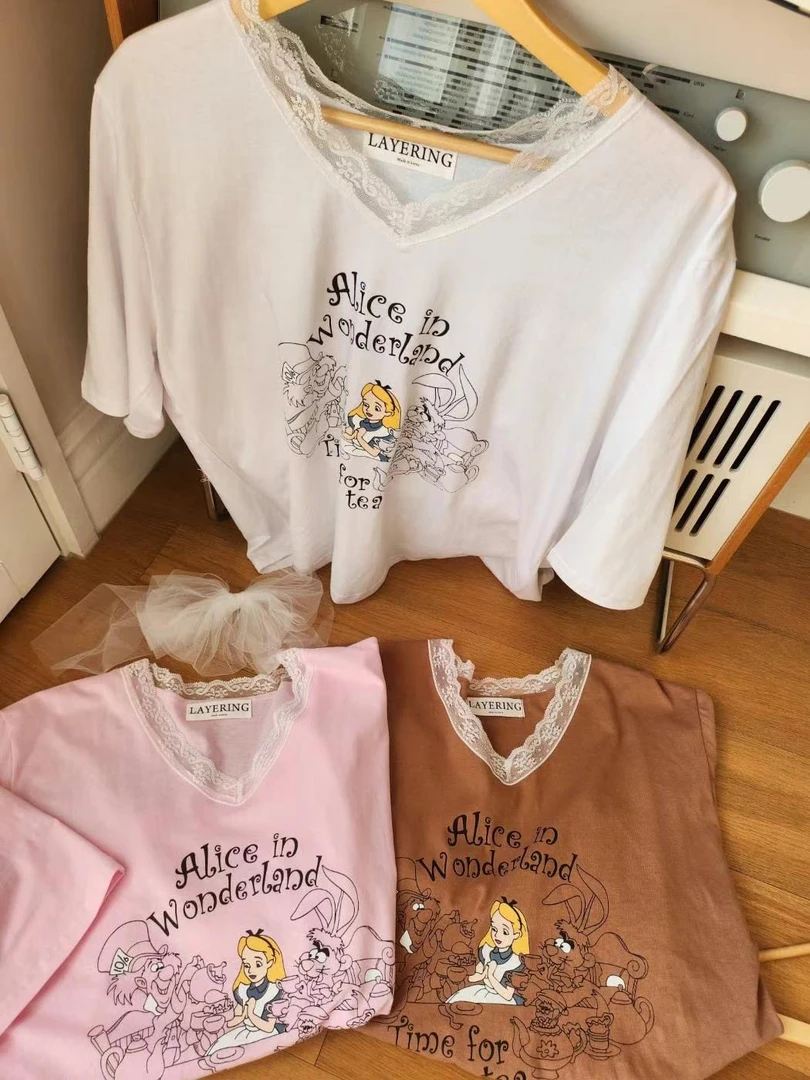 배추❤️泡菜国蕾丝v领白雪公主短袖T恤 下单备注颜色