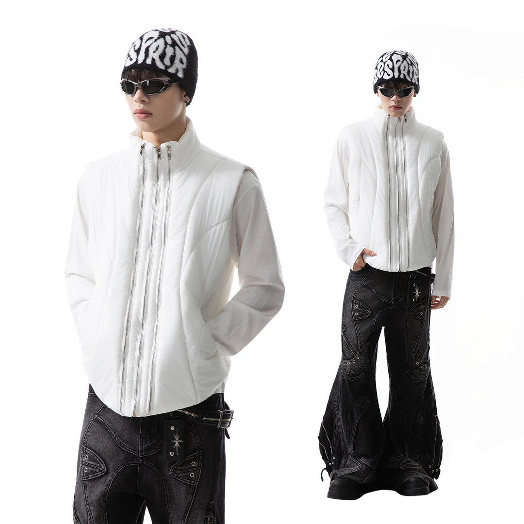 美式cleanfit设计感解构多拉链白色棉马甲男冬季短款立领棉服外套