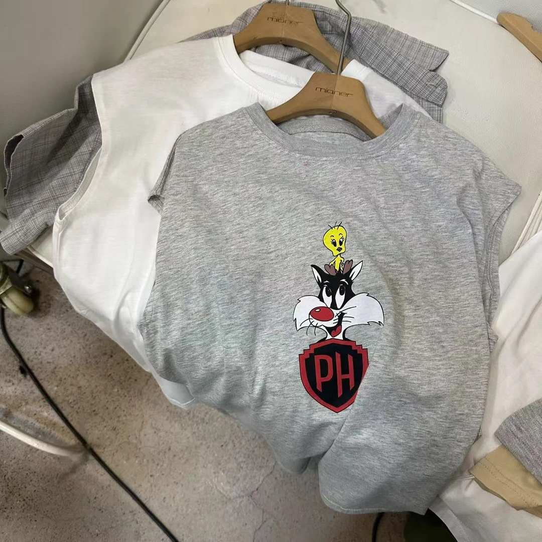 卡通猫后背字母无袖~夏季字母印花圆领休闲时尚百搭无袖上衣灰色