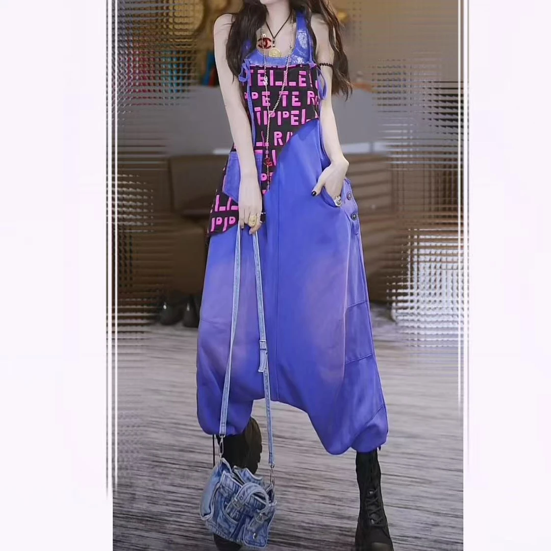 卫衣拼牛仔字母印花背带裤