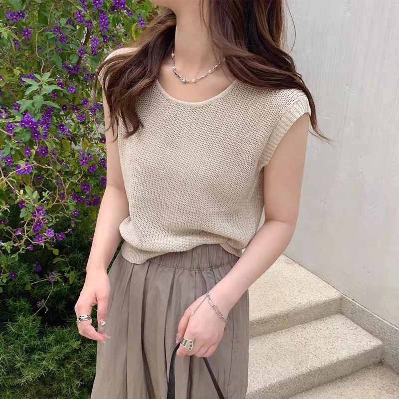 【H33】夏日多巴胺正肩针织小飞袖T恤高级感冰丝上衣针织衫时尚百搭