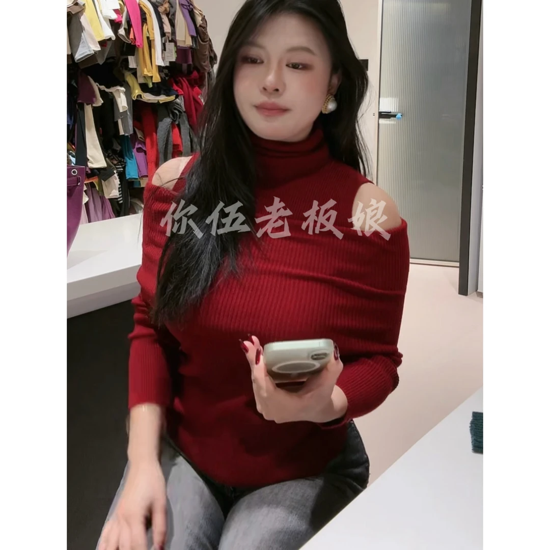 【你伍老板娘】“千金贵气”红色露肩高领修身显瘦韩系慵懒风针织上衣