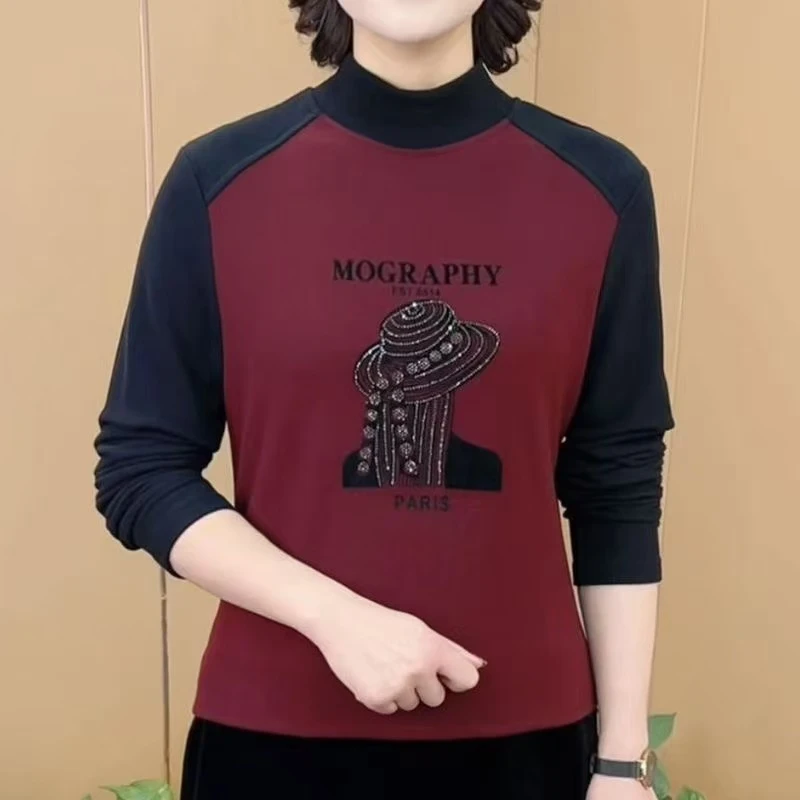 洋气时尚休闲百搭女士德绒加厚半高领显瘦长袖打底半高领印花秋冬